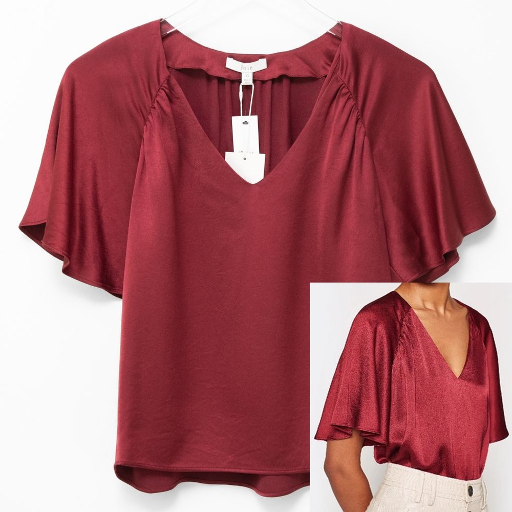 Joie Ankita Blouse Flutter Sleeve Top Satin V-Neck Satin Garnet Wine Size XS New